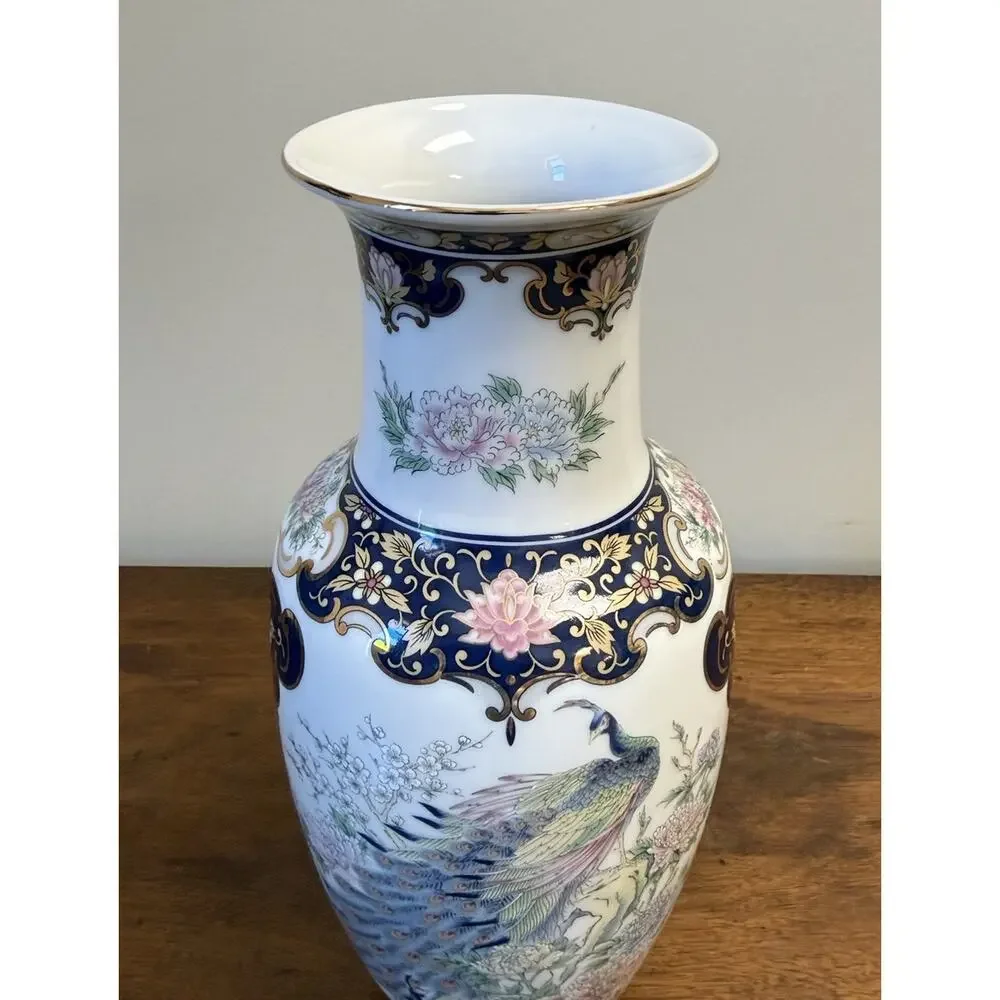 Vintage Japan Porcelain Peacock Floral Vase Cobalt Blue Gold Gilt 10.625